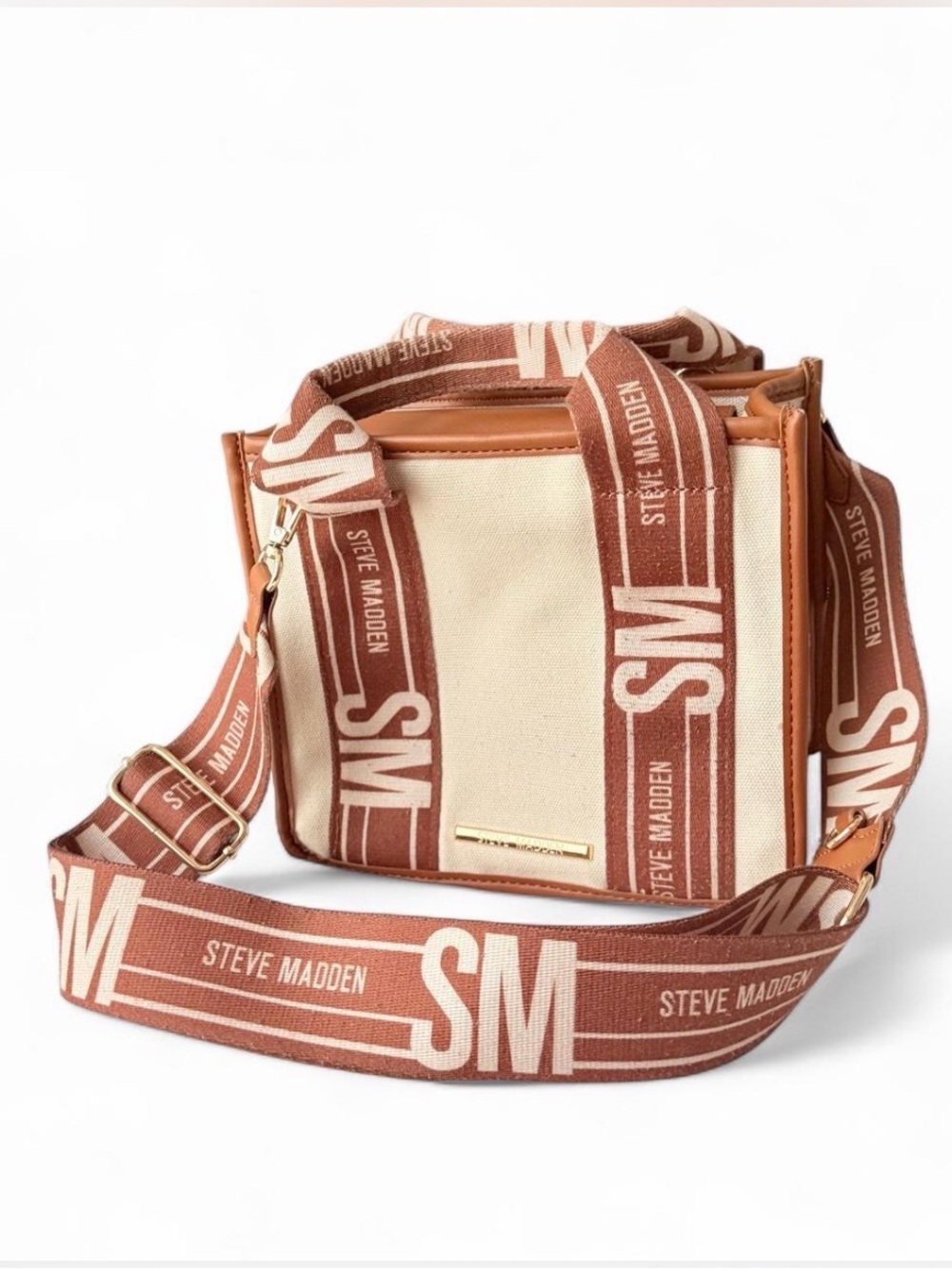 Steve Madden Cream Canvas Messenger Bag with Tan Trim and Logo Strap